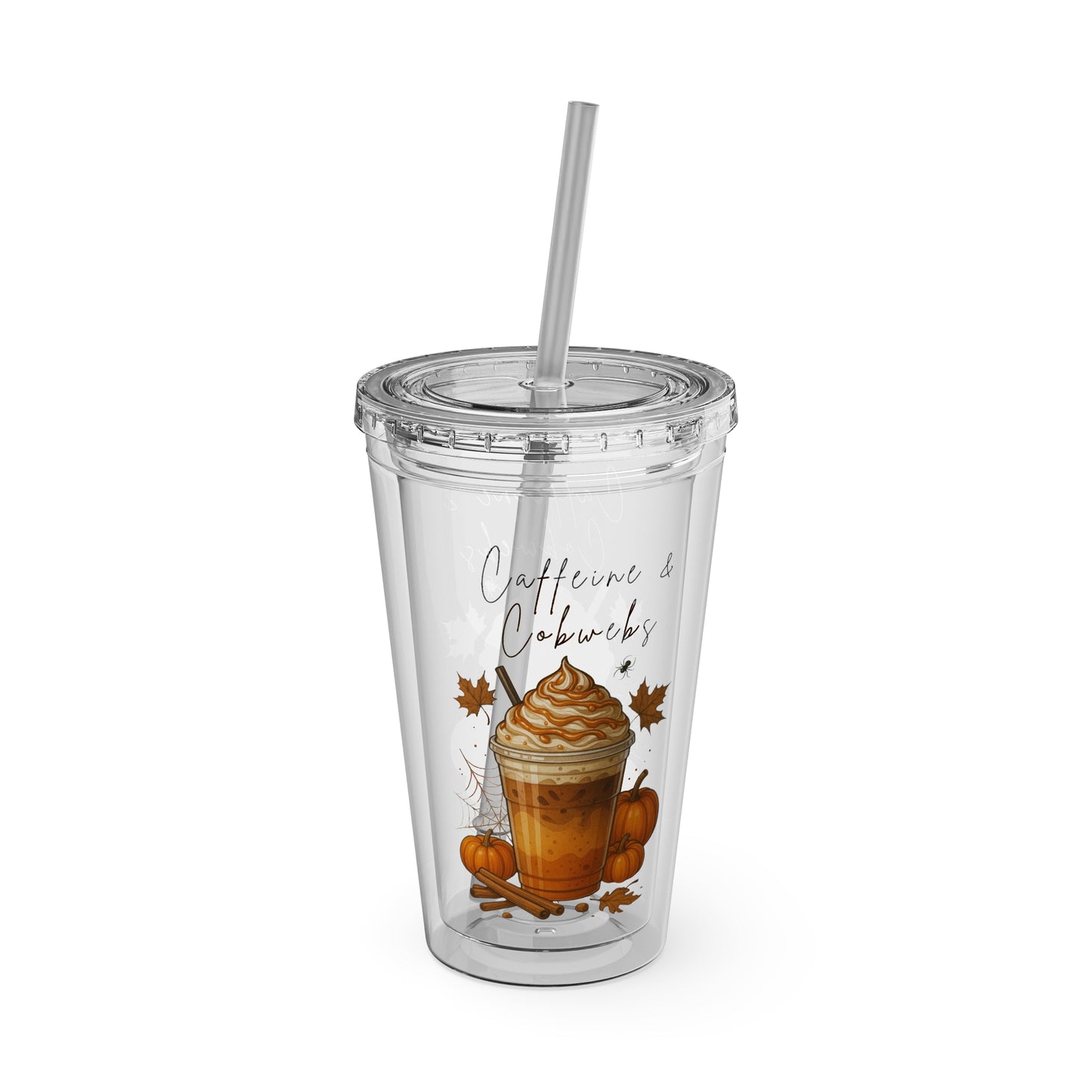 Caffeine & Cobwebs Halloween Tumbler – 16oz Acrylic Cup with Straw | Spooky Fall Drinkware