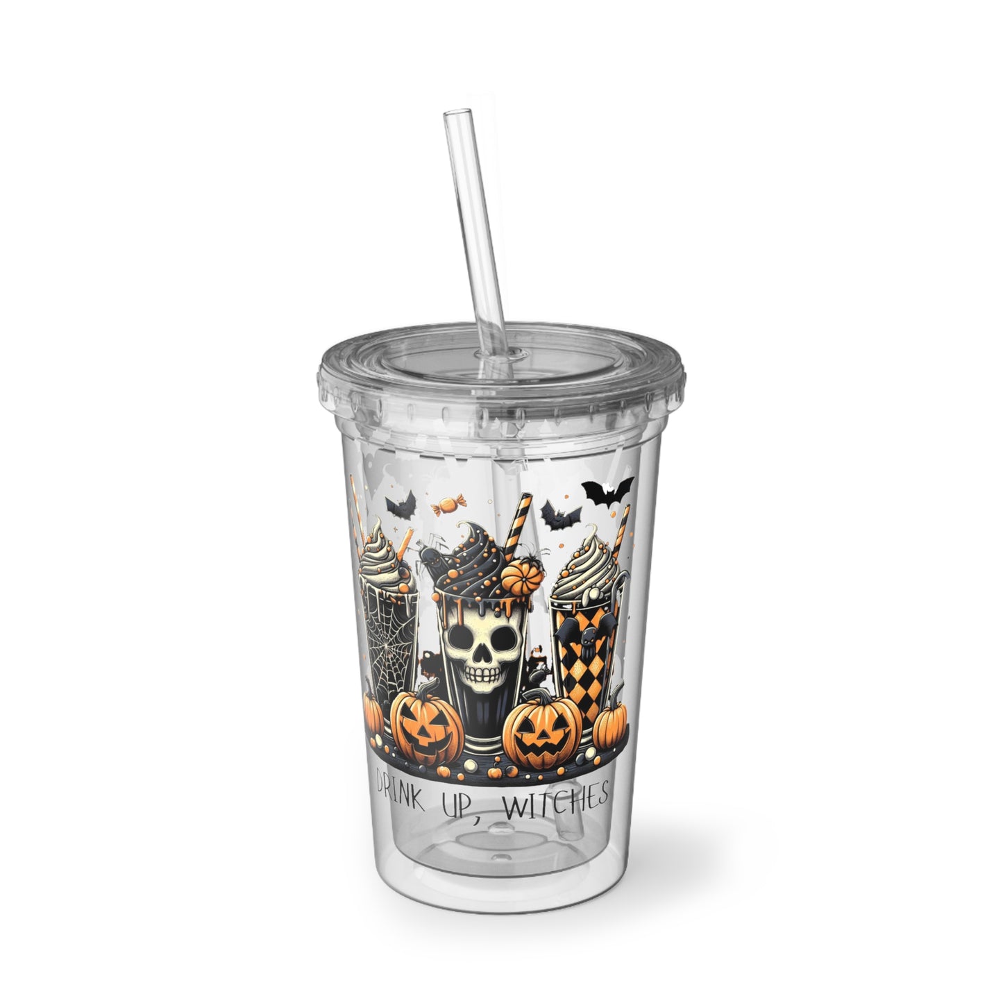 Drink Up Witches Halloween Tumbler – 16oz Acrylic Cup with Straw | Spooky Fall Party Cup