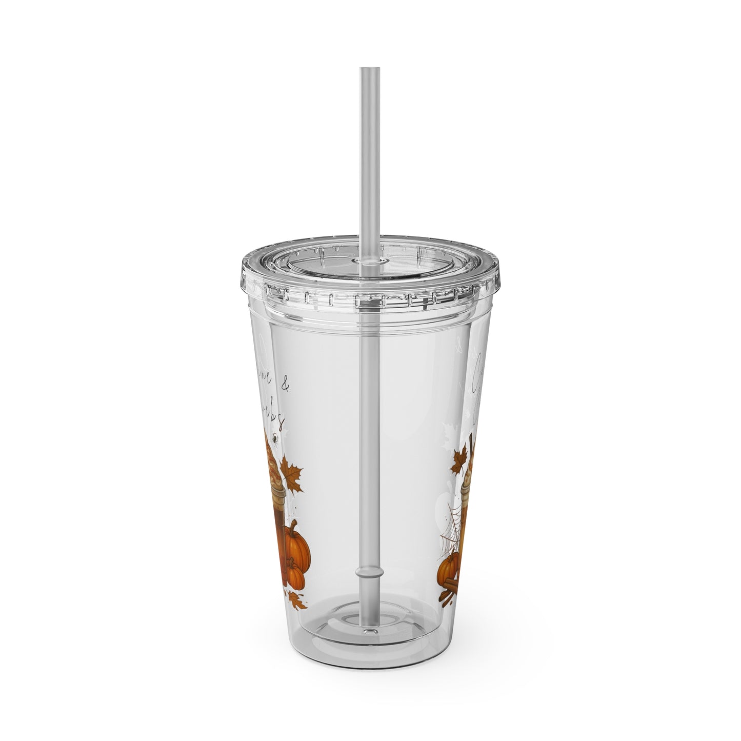 Caffeine & Cobwebs Halloween Tumbler – 16oz Acrylic Cup with Straw | Spooky Fall Drinkware
