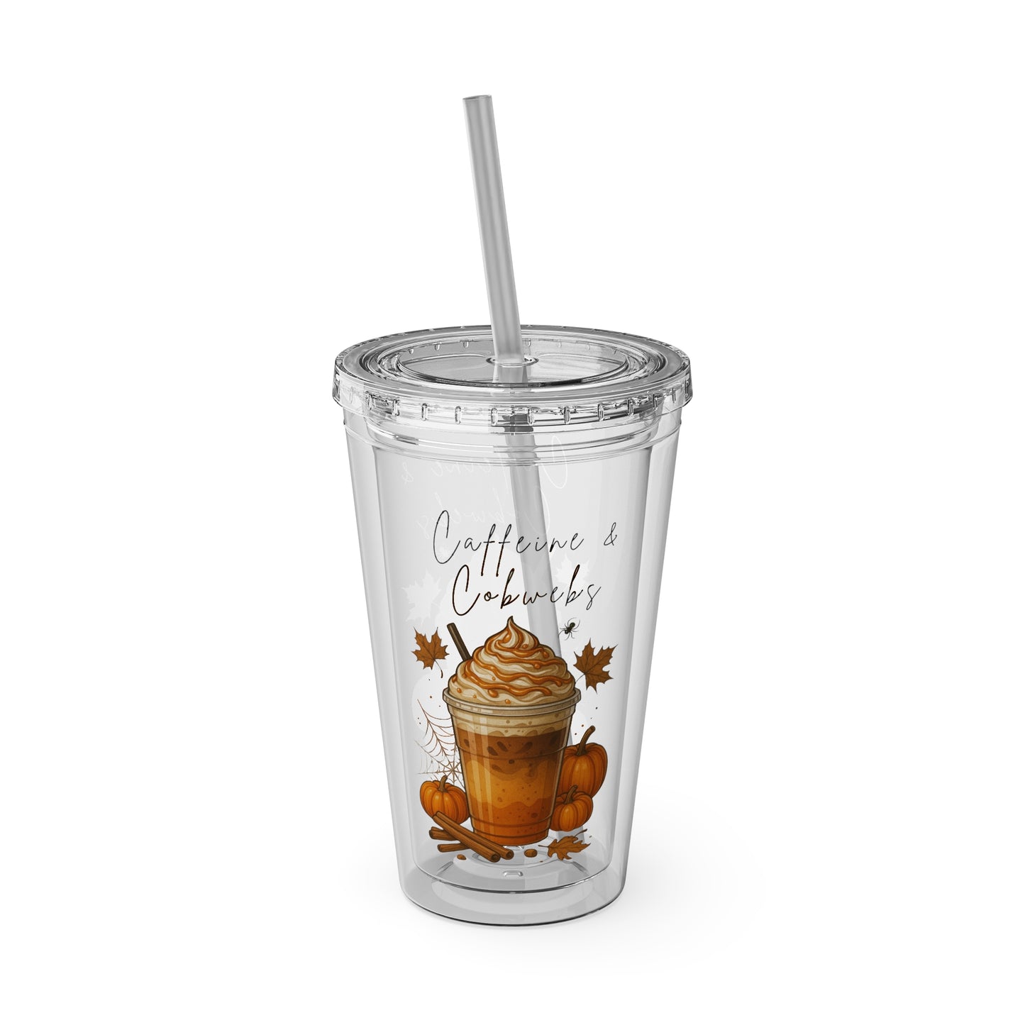 Caffeine & Cobwebs Halloween Tumbler – 16oz Acrylic Cup with Straw | Spooky Fall Drinkware