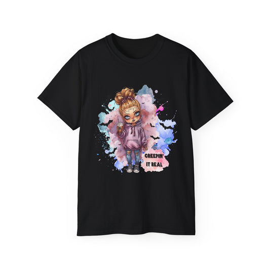 Blondie Bones “Creepin’ It Real” Tee – Cute Halloween Shirt | Spooky Doll Party Outfit