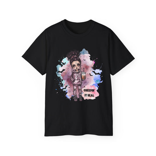 Raven Rose “Creepin’ It Real” Tee – Spooky Halloween Shirt | Gothic Doll Fall Graphic Top