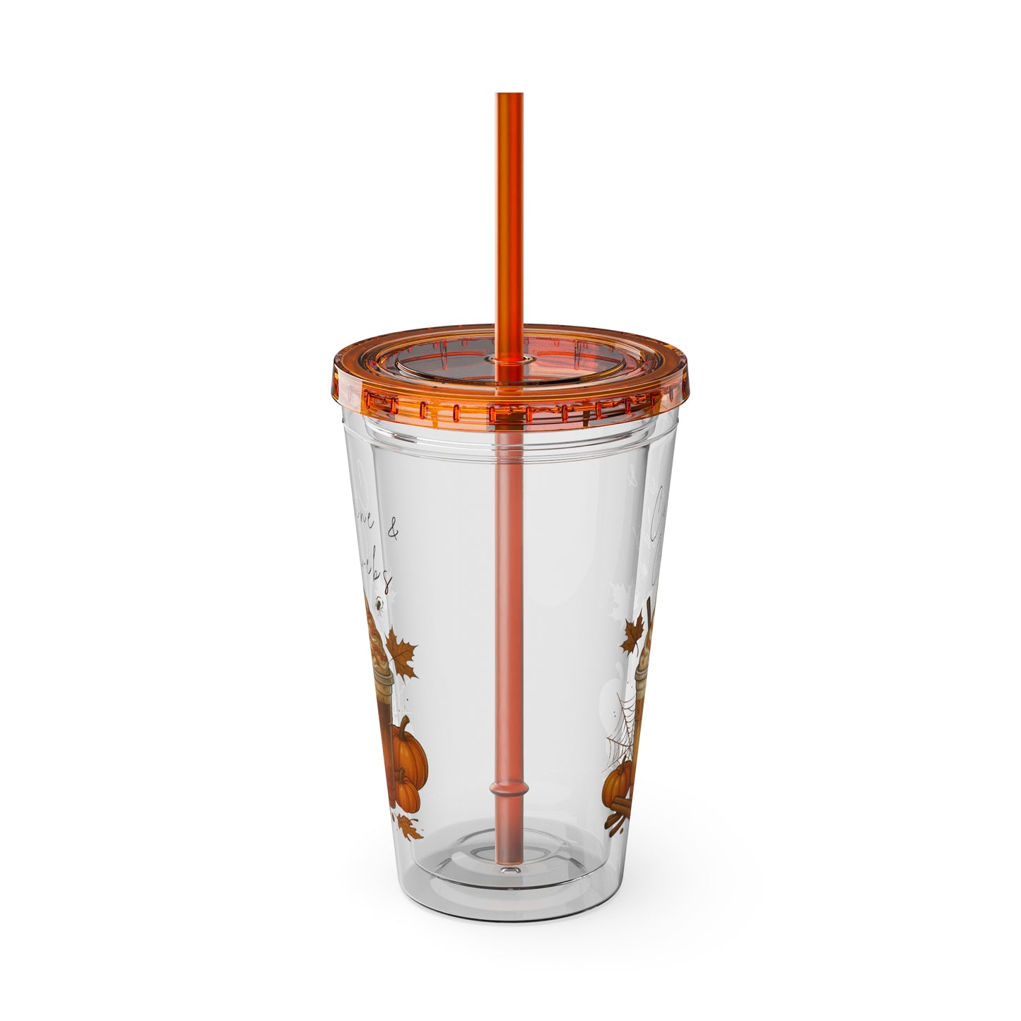 Caffeine & Cobwebs Halloween Tumbler – 16oz Acrylic Cup with Straw | Spooky Fall Drinkware