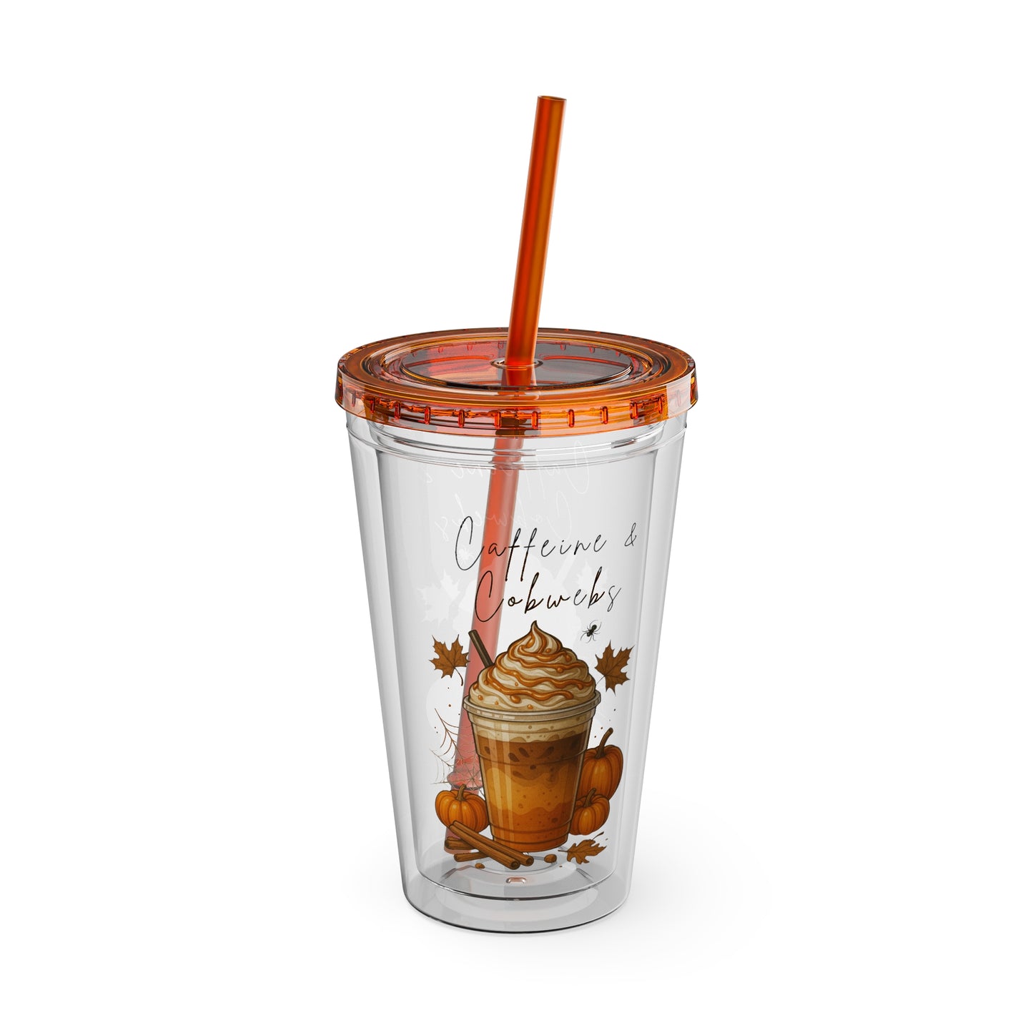 Caffeine & Cobwebs Halloween Tumbler – 16oz Acrylic Cup with Straw | Spooky Fall Drinkware