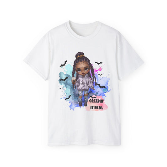 Spooky Sienna “Creepin’ It Real” Tee – Cute Halloween Shirt | Spooky Doll Vibe Fall Outfit