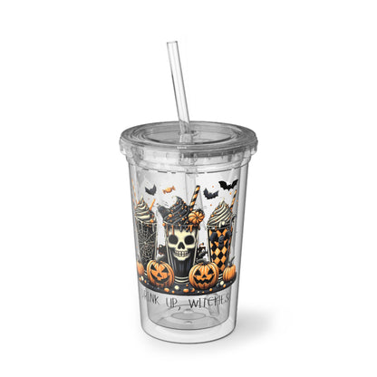 Drink Up Witches Halloween Tumbler – 16oz Acrylic Cup with Straw | Spooky Fall Party Cup