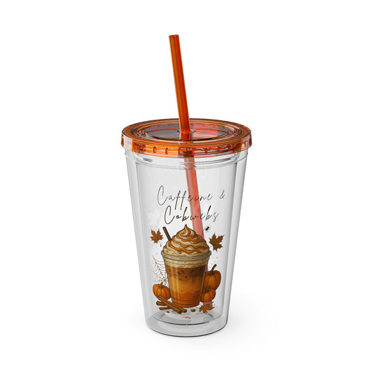 Caffeine & Cobwebs Halloween Tumbler – 16oz Acrylic Cup with Straw | Spooky Fall Drinkware