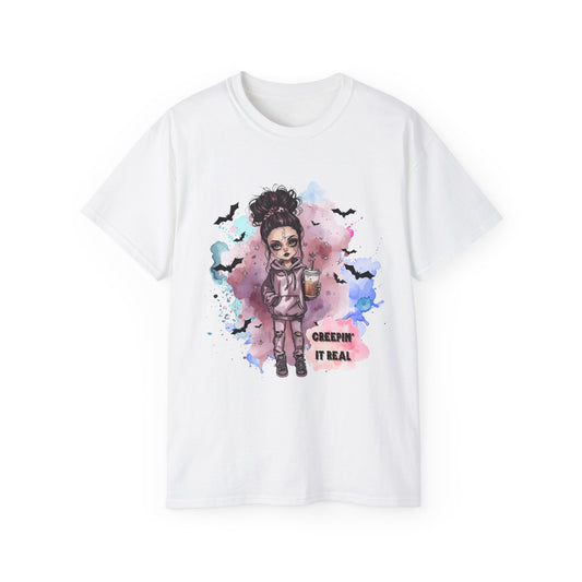 Raven Rose “Creepin’ It Real” Tee – Spooky Halloween Shirt | Gothic Doll Fall Graphic Top