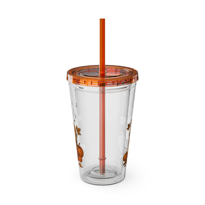 Caffeine & Cobwebs Halloween Tumbler – 16oz Acrylic Cup with Straw | Spooky Fall Drinkware