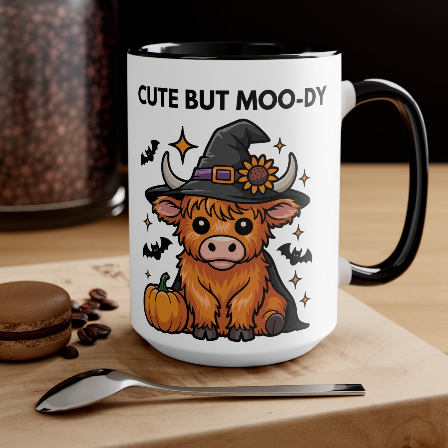 Cute But Moo-Dy Halloween Cow Mug – Funny Highland Cow Coffee Cup | Spooky Farmhouse Gift