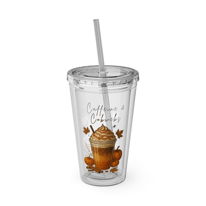 Caffeine & Cobwebs Halloween Tumbler – 16oz Acrylic Cup with Straw | Spooky Fall Drinkware