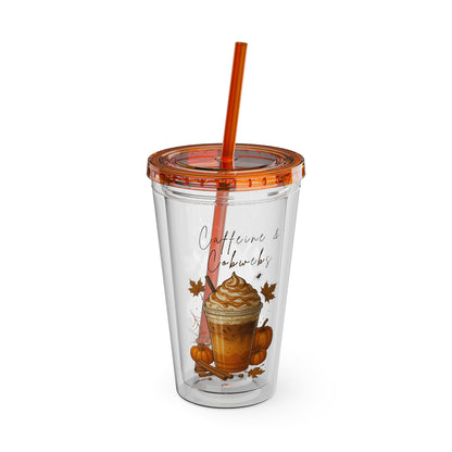 Caffeine & Cobwebs Halloween Tumbler – 16oz Acrylic Cup with Straw | Spooky Fall Drinkware